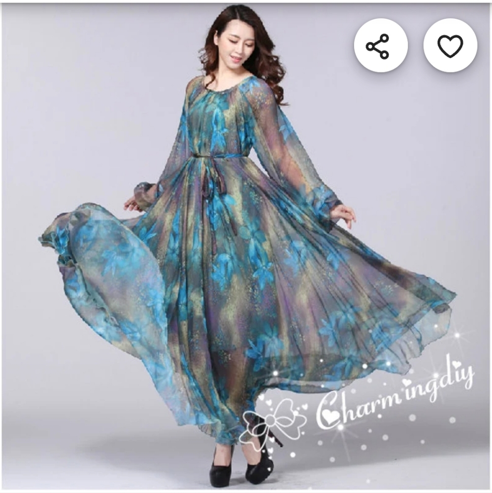 Charming Sheer Floral Maxi Dress in Teal Blue
